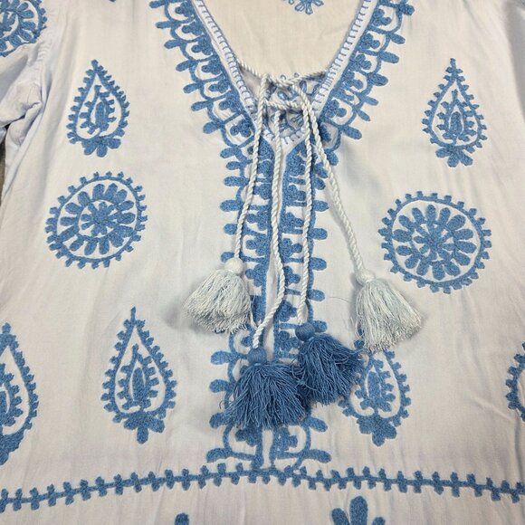 Pranella Aggie Dress Womens Small Blue Embroidered Fringe Boho Beach Cover Up - Picture 3 of 10
